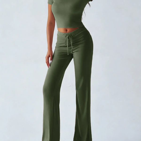 Women'S Basic Solid Short Sleeve Two-Piece Set, Casual round Neck Crop Tee & Drawstring High Waist Trousers for Daily Wear, Ladies Summer Clothes, Womenswear