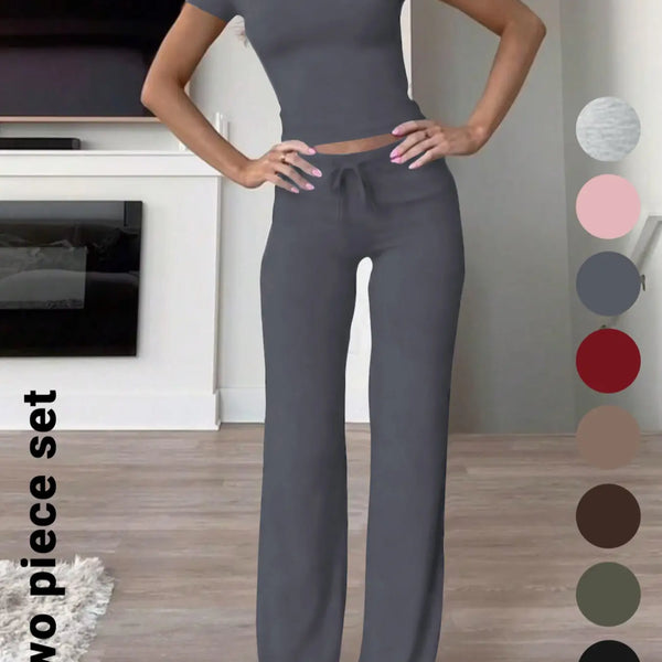Women'S Basic Solid Short Sleeve Two-Piece Set, Casual round Neck Crop Tee & Drawstring High Waist Trousers for Daily Wear, Ladies Summer Clothes, Womenswear