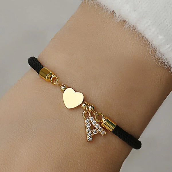 Initial Heart Charm Letter Link Bracelet, Fashion All-Match Jewelry for Women, Retro Adjustable Rope Bracelet for Daily Use