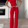 Women'S Basic Solid Short Sleeve Two-Piece Set, Casual round Neck Crop Tee & Drawstring High Waist Trousers for Daily Wear, Ladies Summer Clothes, Womenswear