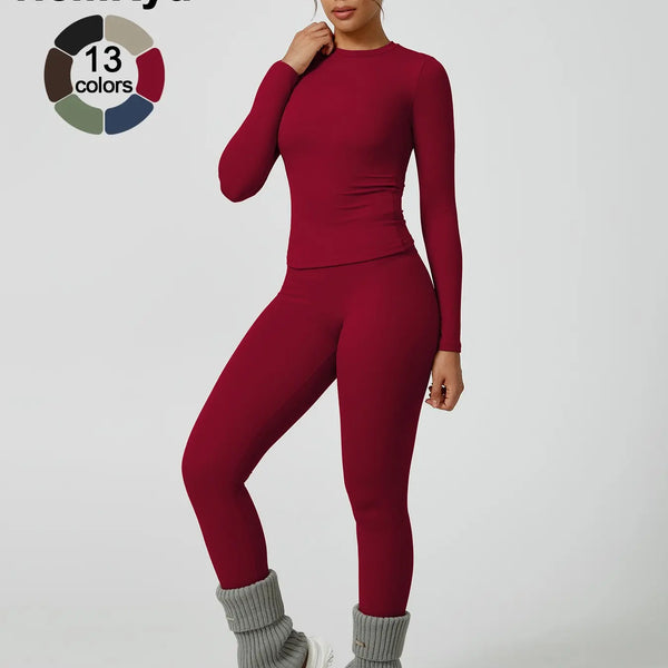 Two-Piece Set Women'S Patchwork High Elastic Soft round Neck Flat Shoulder Long Sleeve Slim Fit Beautiful Hip Tight Pants Yoga Clothes Suit Workout Running Clothes Four Seasons Outdoor Running Cycling Hiking Walking Shopping Fashion Suit Gym